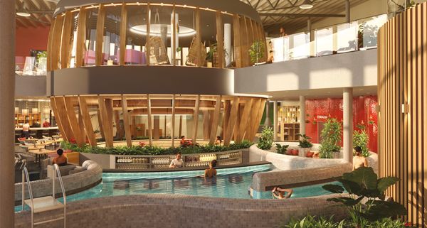 Sauna in Fassform und eine Poolbar davor